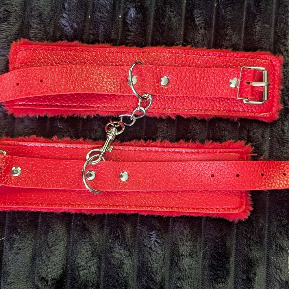 Striking Red Faux Leather And Fur Restraints with Metal Accents
